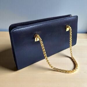 La Regale Evening Mini Cocktail Bag Navy Blue Satin Gold Tone Mesh Chain Handles